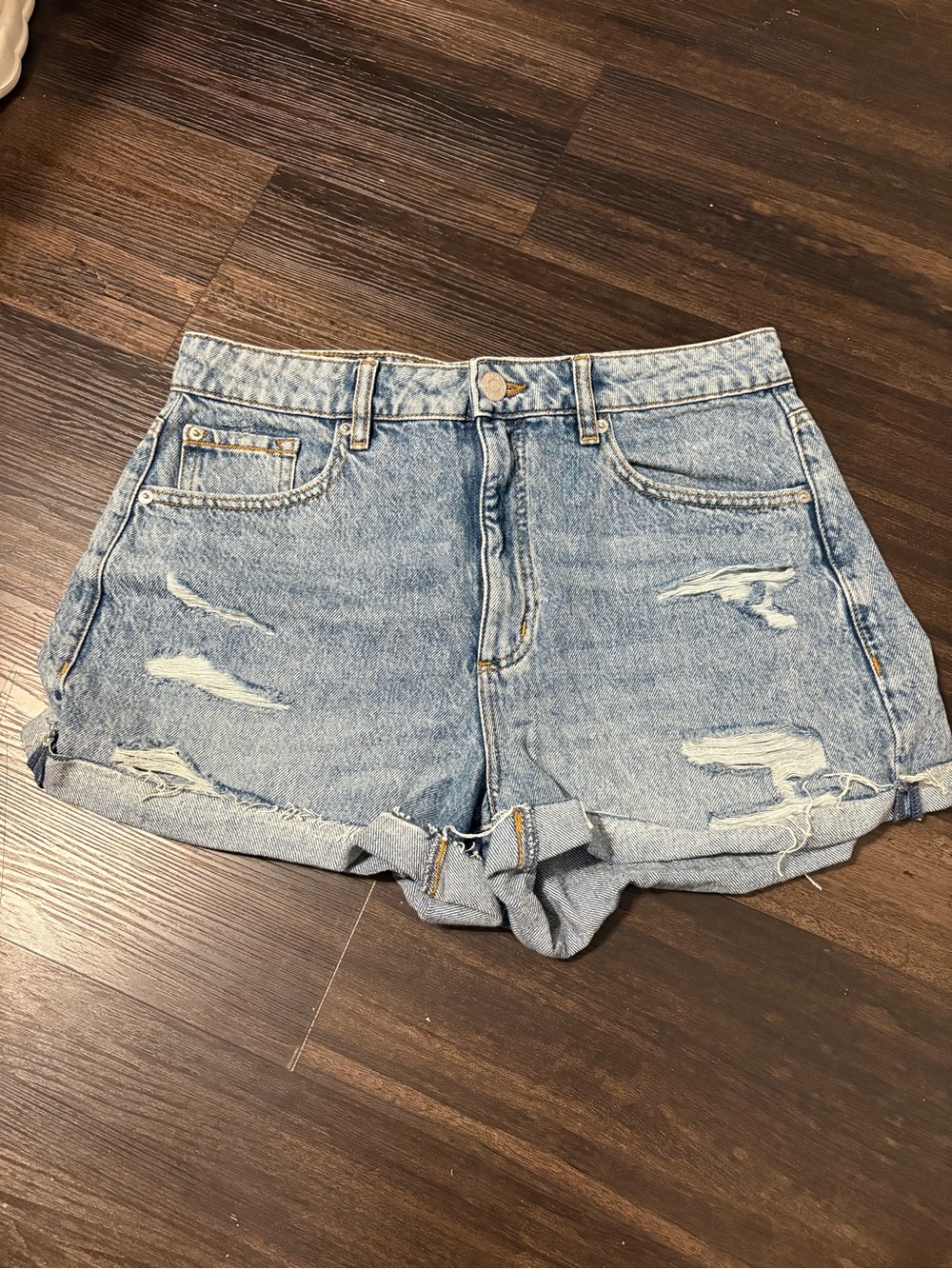 Garage Light Blue Distressed Denim Mom Jean Shorts